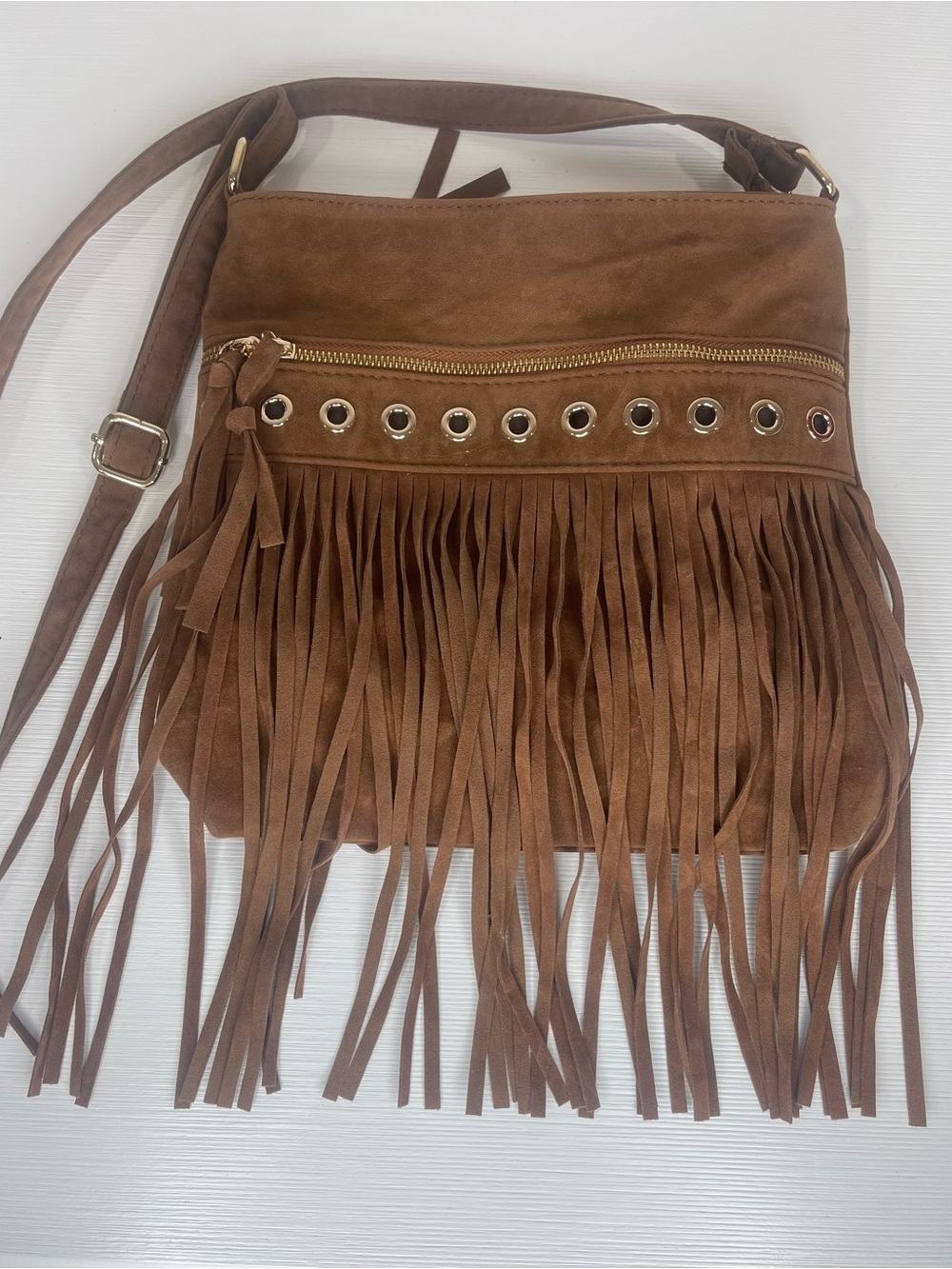 Boho Faux Suede Fringe Crossbody Bag in Brown